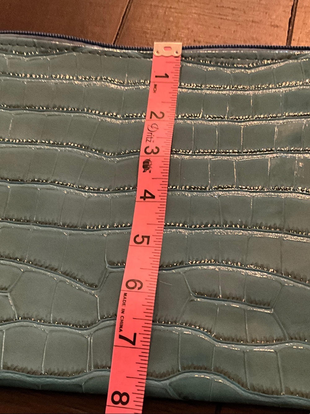 Glossy Croc-Embossed Wristlet Clutch - Teal Blue - Picture 5 of 5